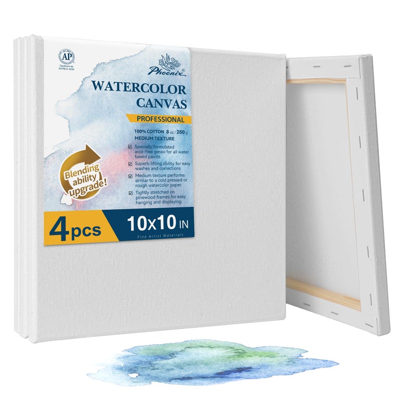 PHOENIX Watercolor Stretched Canvases, 10x10 Inch/4 Pack - 8 Oz, 3/4 Inch Profile, 100% Cotton Triple Primed White Blank Canvases for Watercolor, Acrylic, Gouache, Tempera, Crafts & Pouring Art - Image 1